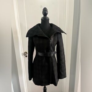 Mackage Wool Coat – Black & Gray Plaid with Leather Belt (XS)